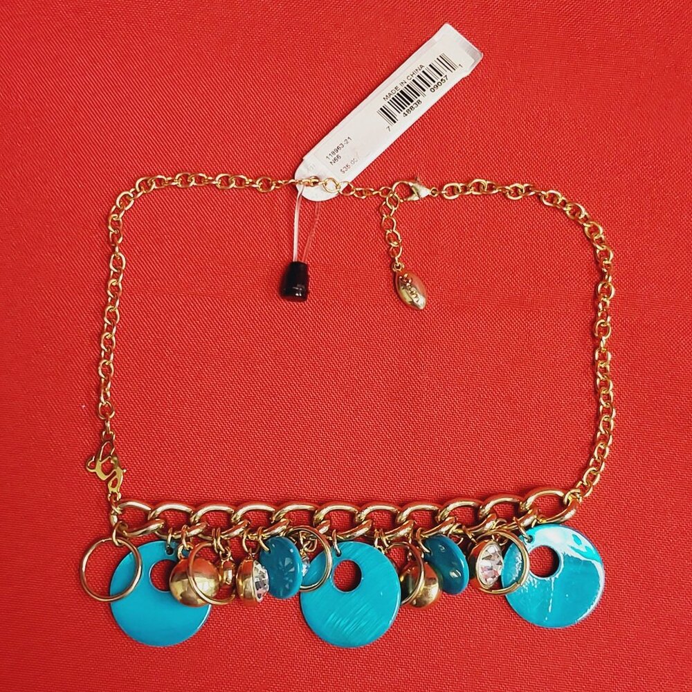 Guess Necklace Blue Teal Beads Gold Tone Clear Rhinestones - Picture 2 of 10